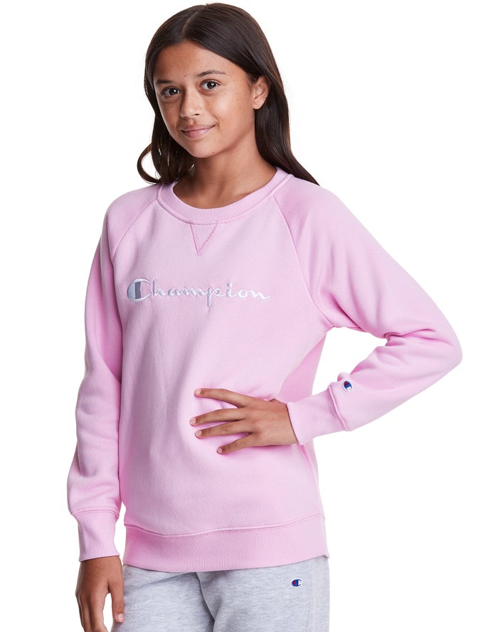 Champion Fleece Crew Script Logo Kiz Çocuk Kapşonlu Sweatshirt Pembe ( XFJCDQ592 )